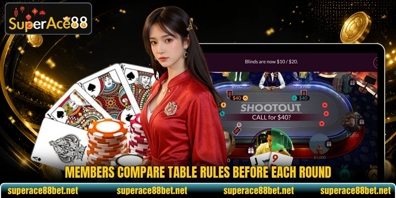 Members compare table rules before each round Members compare table rules before each round